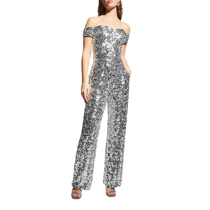 Dress the Population New Size M Silver Elon Sequin Off Shoulder Jumpsuit Pockets